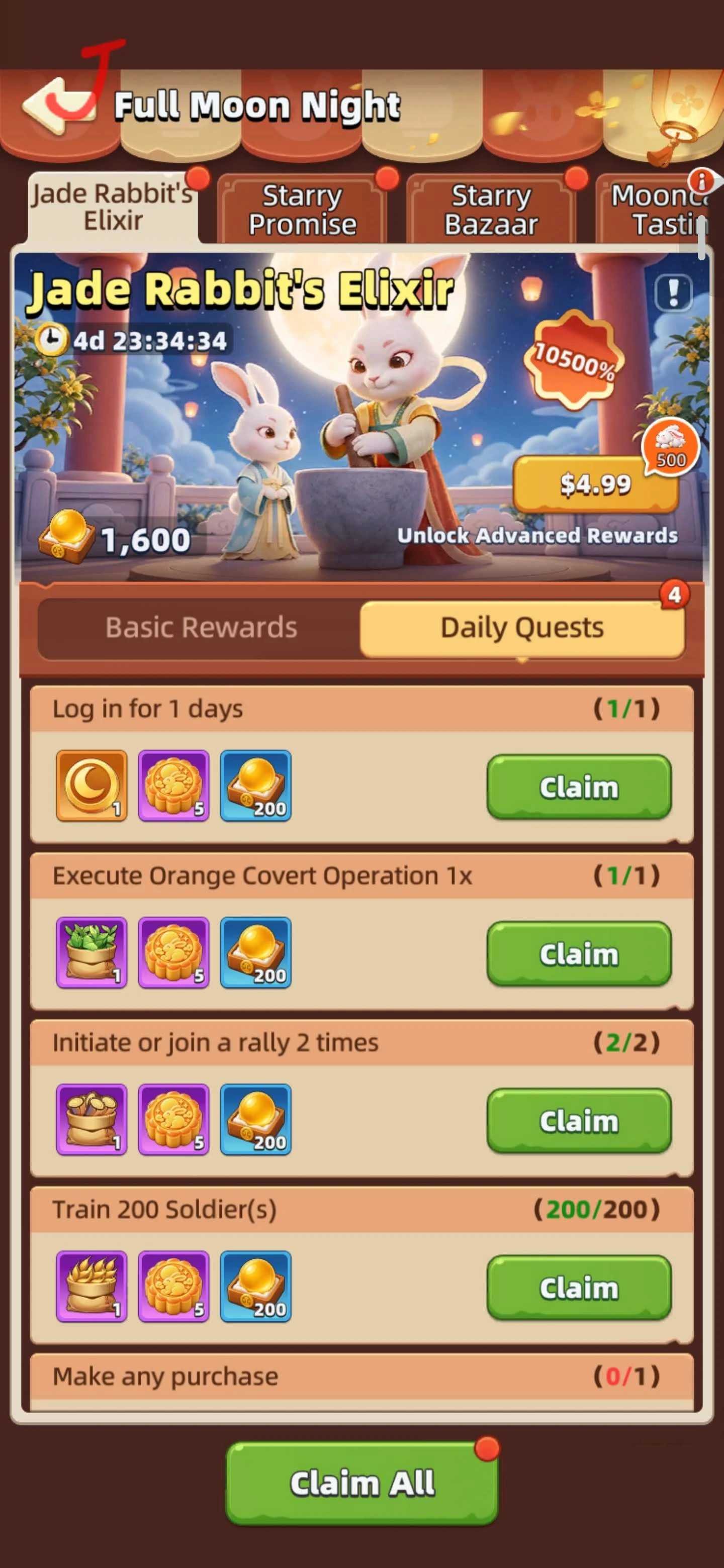 Last Asylum Plague Full Moon Night Jade Rabbit Elixir daily quests and claim buttons