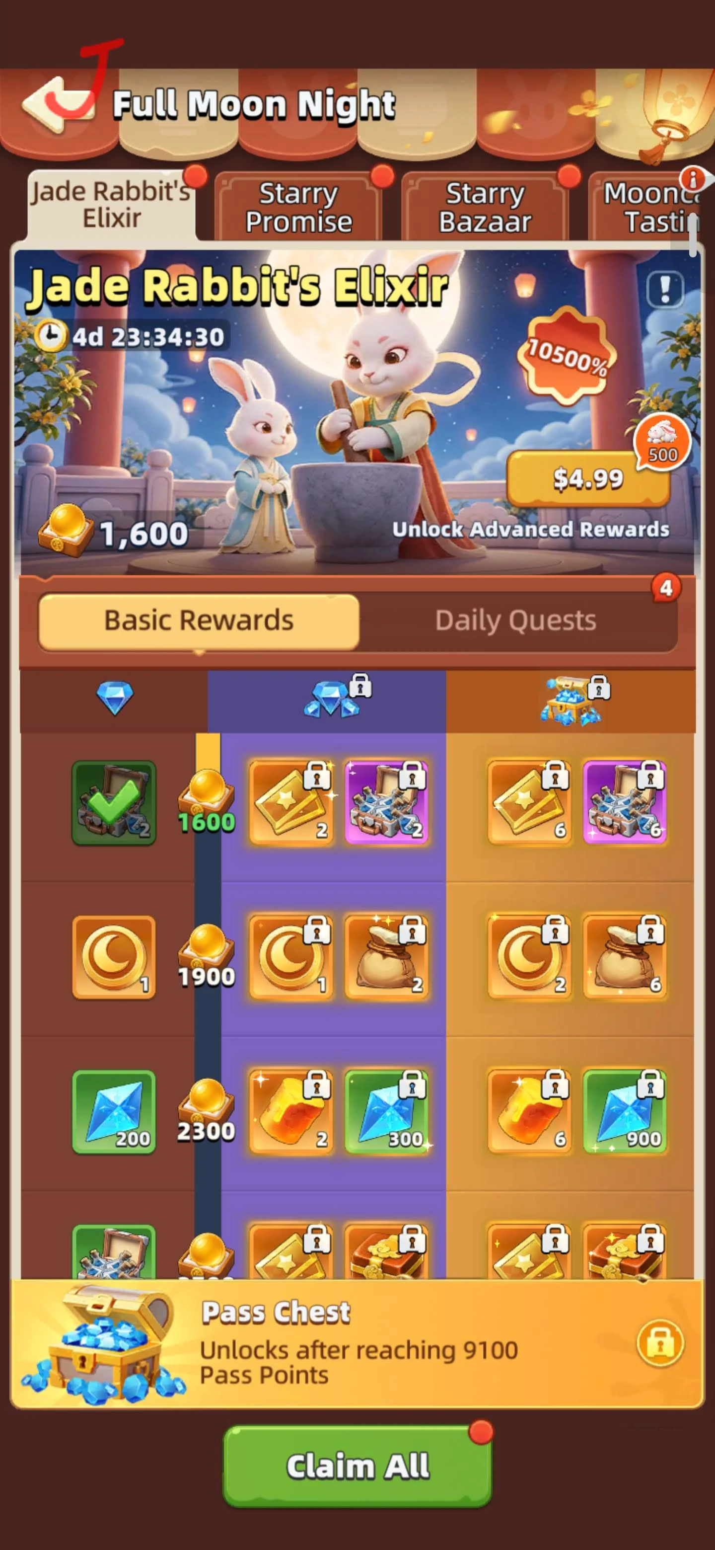 Last Asylum Plague Jade Rabbit Elixir reward tracks and Pass Chest unlocked at 9100 pass points